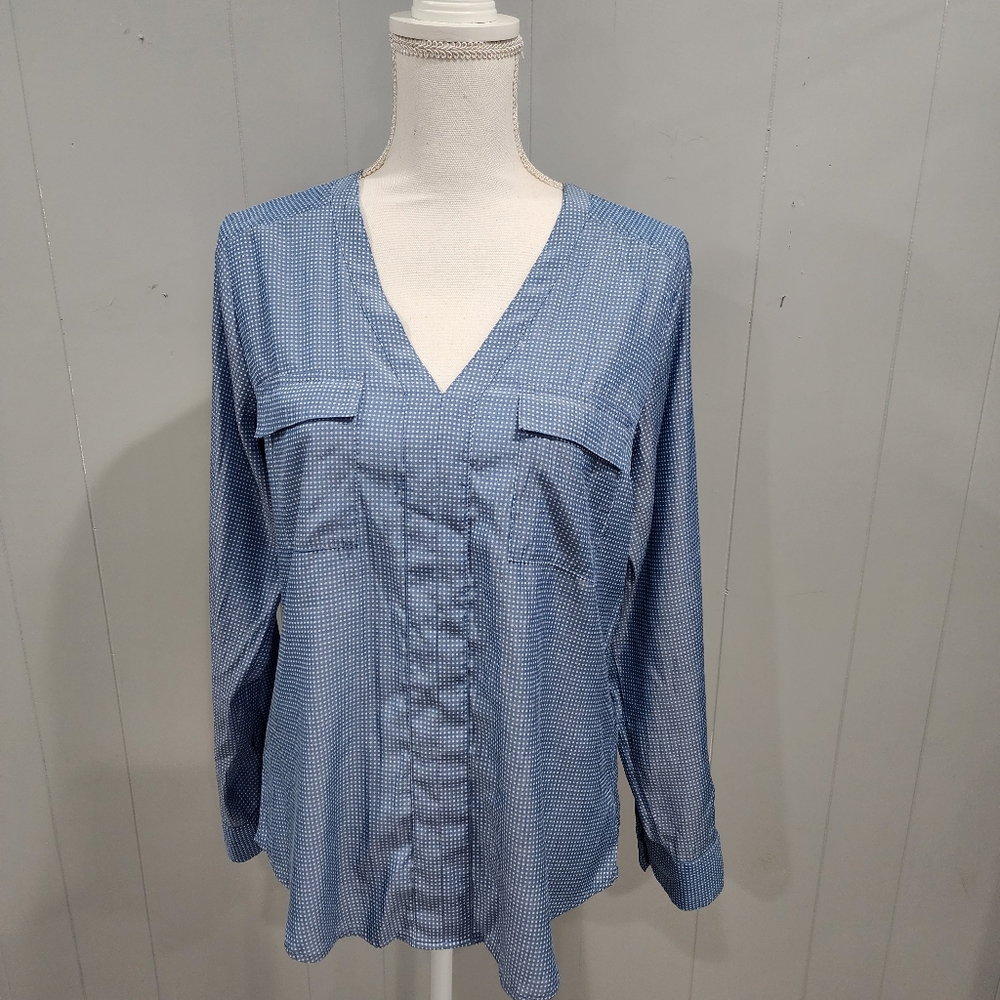 Express Cadet Blue Micro Polka Dot Blouse Roll Tab Sleeve Medium